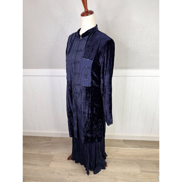 Lolette Jacket Dress Set Sz M Navy Mandarin Collar Tunic Velvet Patchwork Artsy - Picture 4 of 14